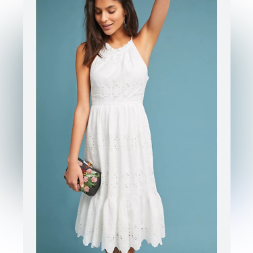 Anthropologie Maeve Tiered Eyelet White Midi Dress